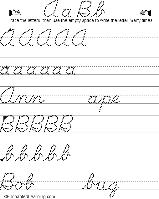Writing Cursive Letters A-B: EnchantedLearning.com