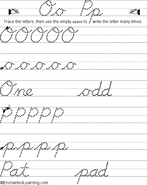 Writing Cursive Letters O-P: EnchantedLearning.com