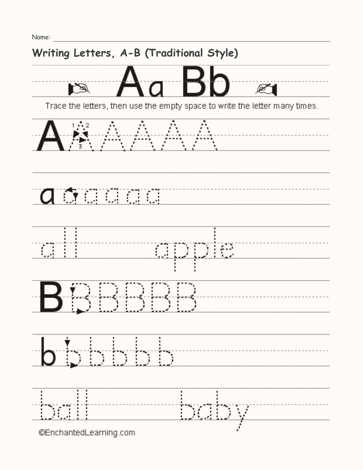 Writing Letters, A-B (Traditional Style) interactive printout page 1