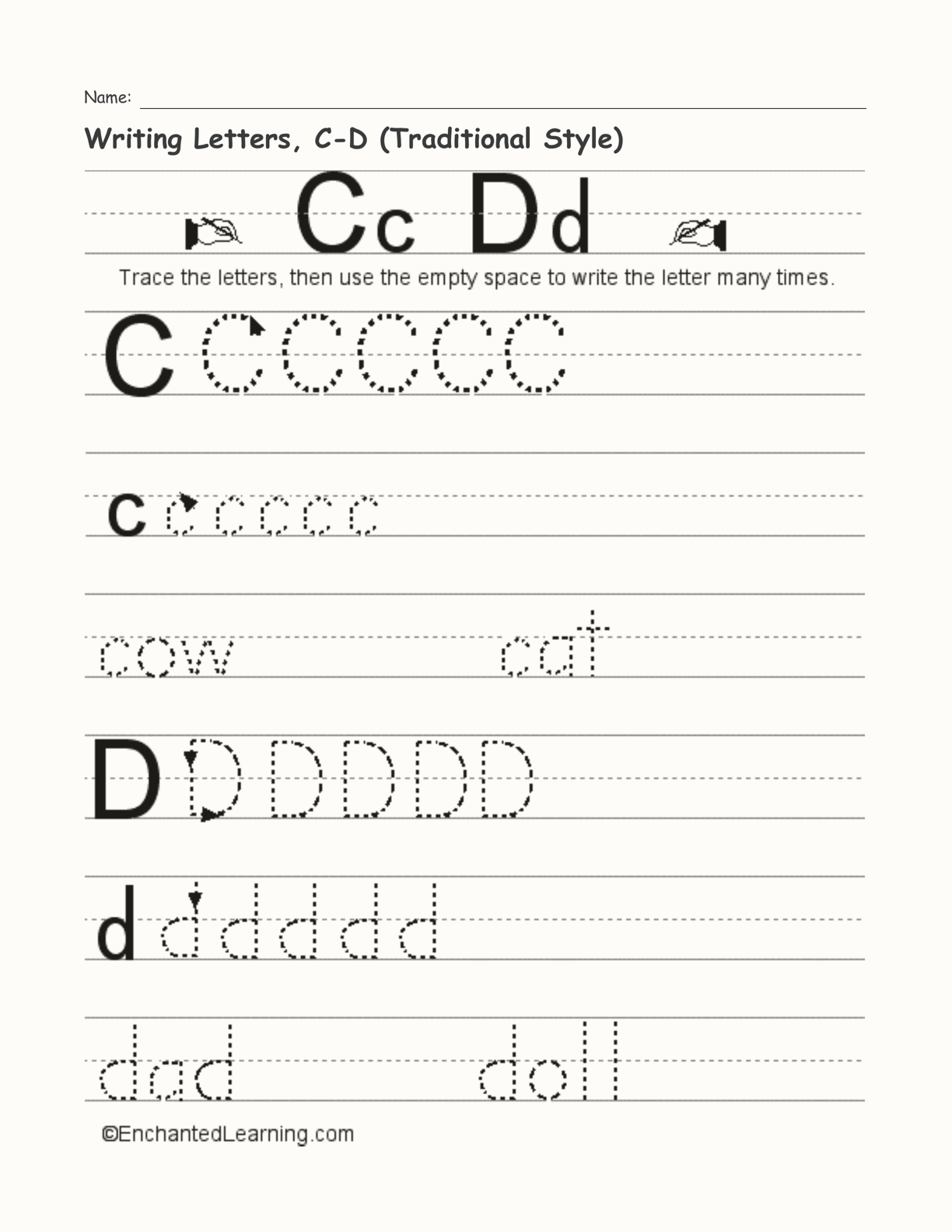 Writing Letters, C-D (Traditional Style) interactive worksheet page 1