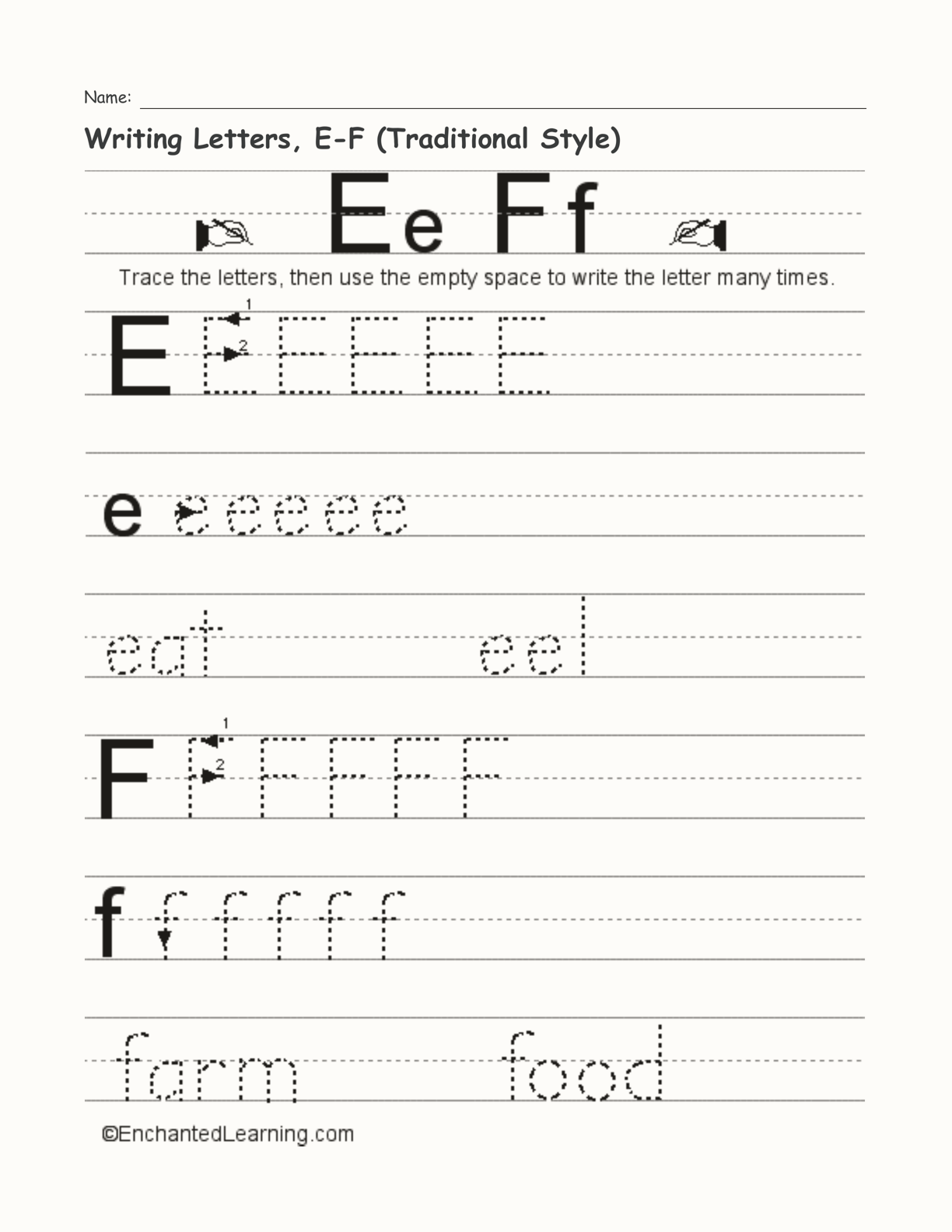 Writing Letters, E-F (Traditional Style) interactive worksheet page 1
