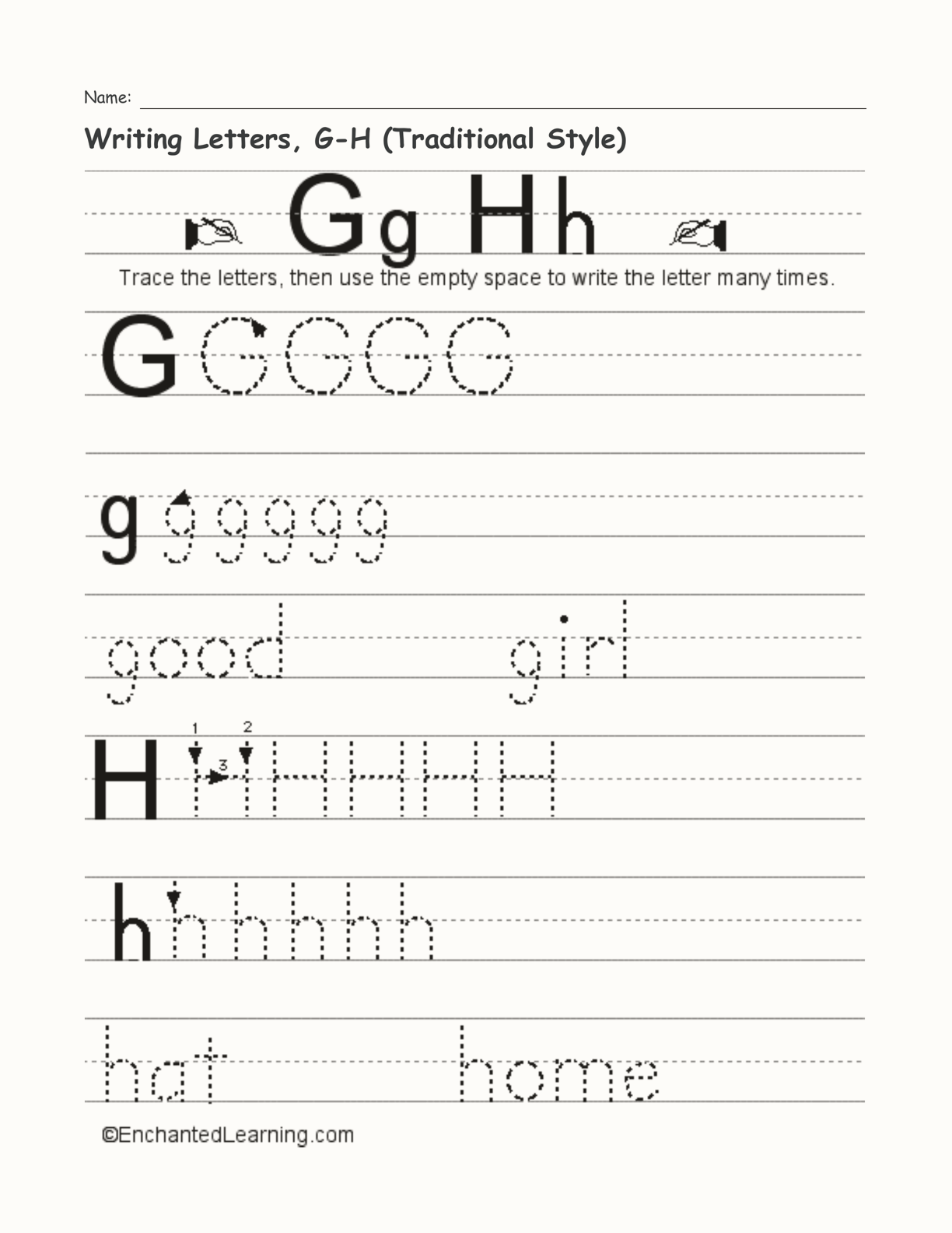 Writing Letters, G-H (Traditional Style) interactive worksheet page 1