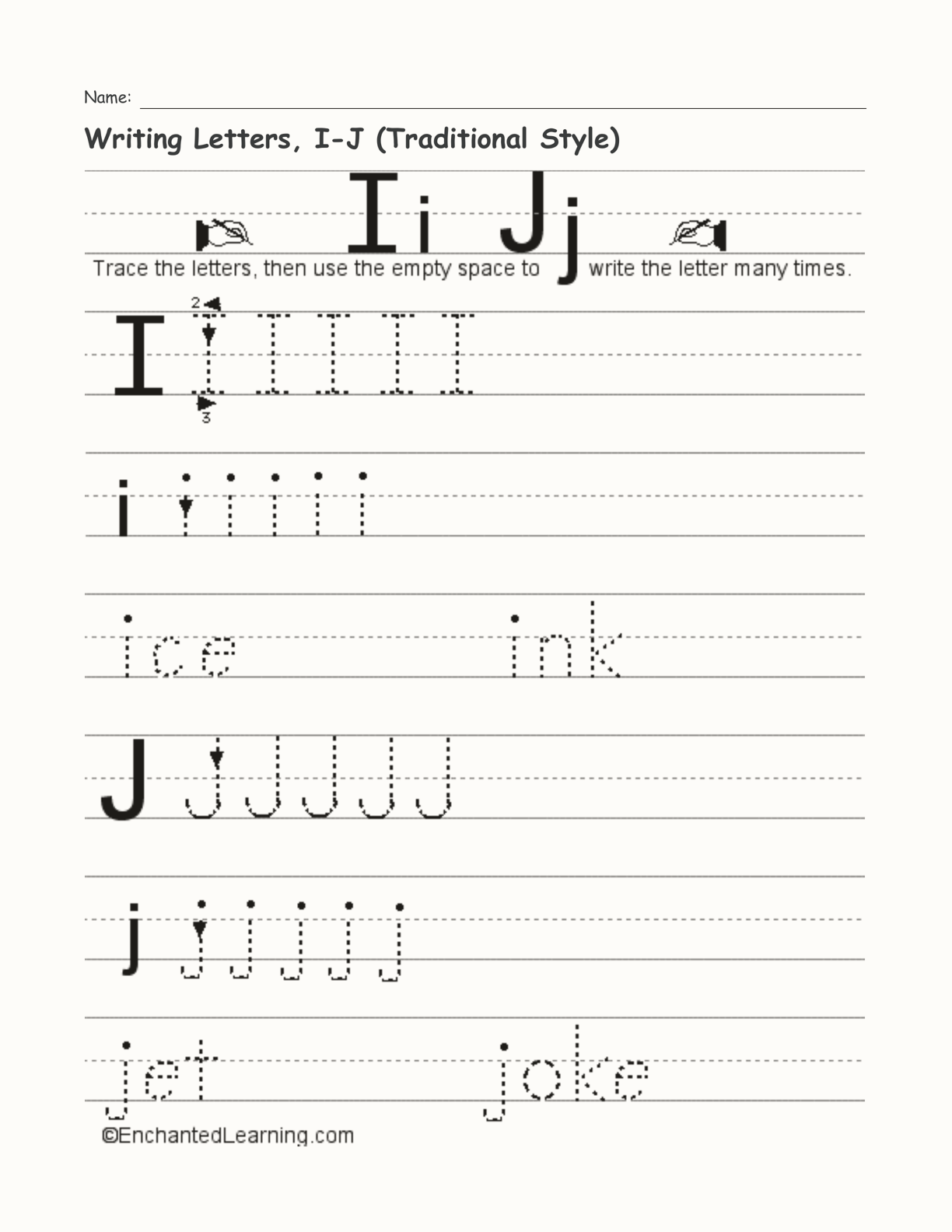 Writing Letters, I-J (Traditional Style) interactive worksheet page 1