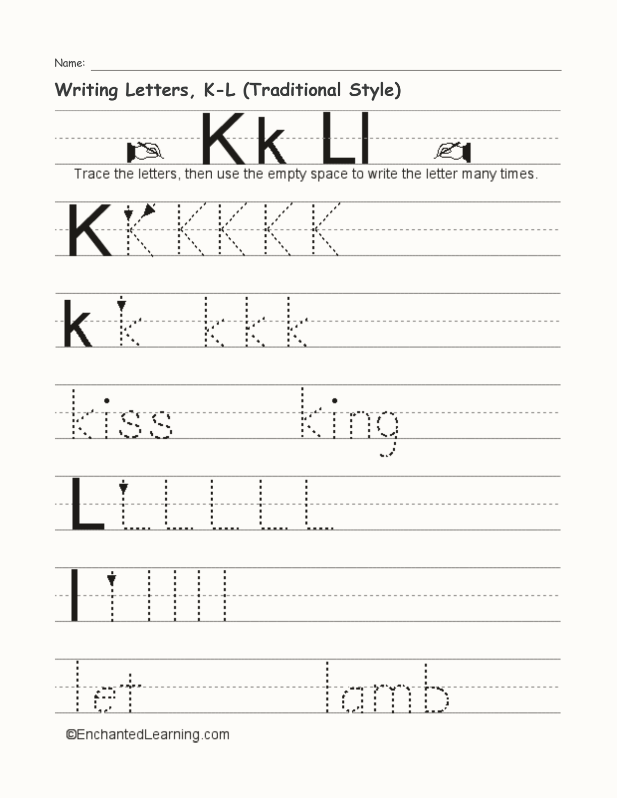 Writing Letters, K-L (Traditional Style) interactive worksheet page 1