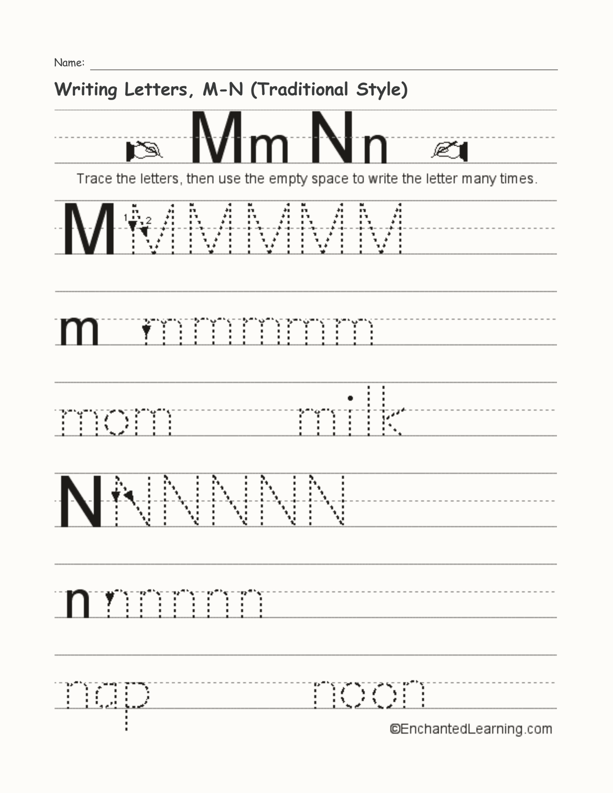 Writing Letters, M-N (Traditional Style) interactive worksheet page 1