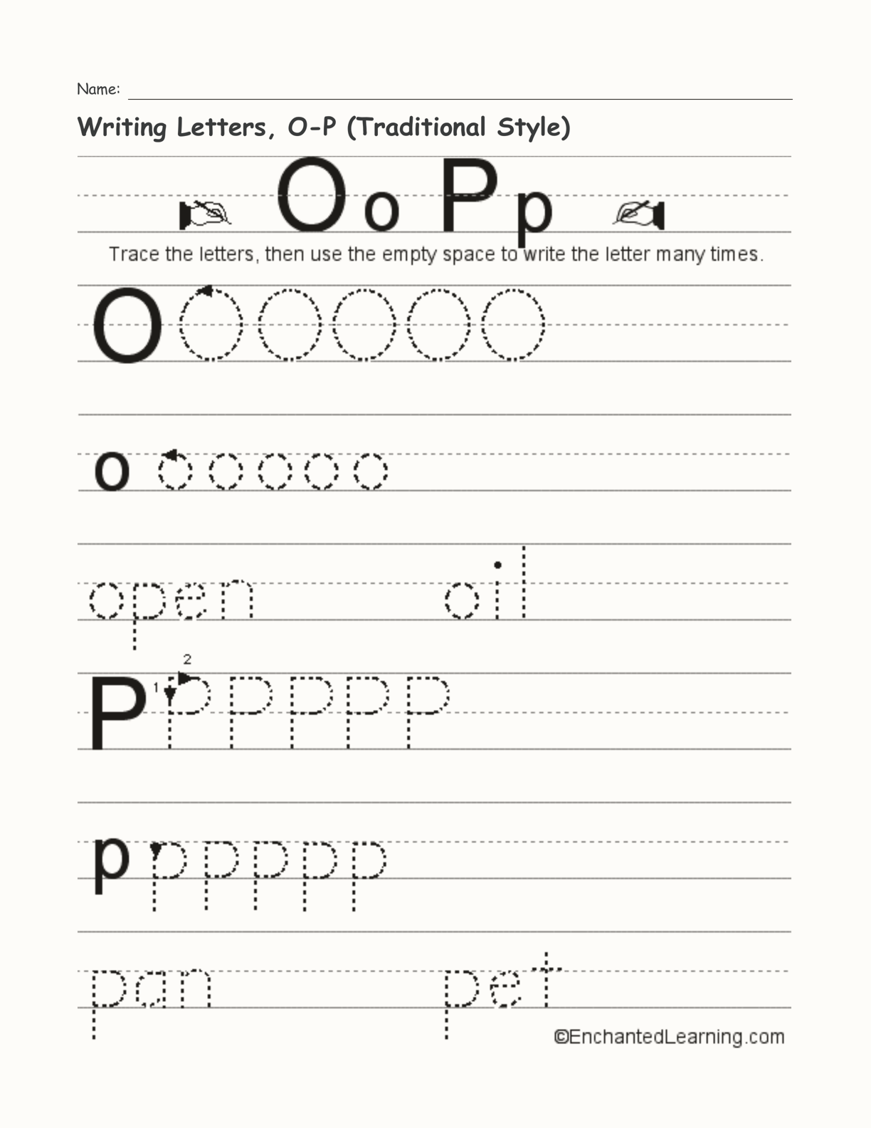 Writing Letters, O-P (Traditional Style) interactive worksheet page 1