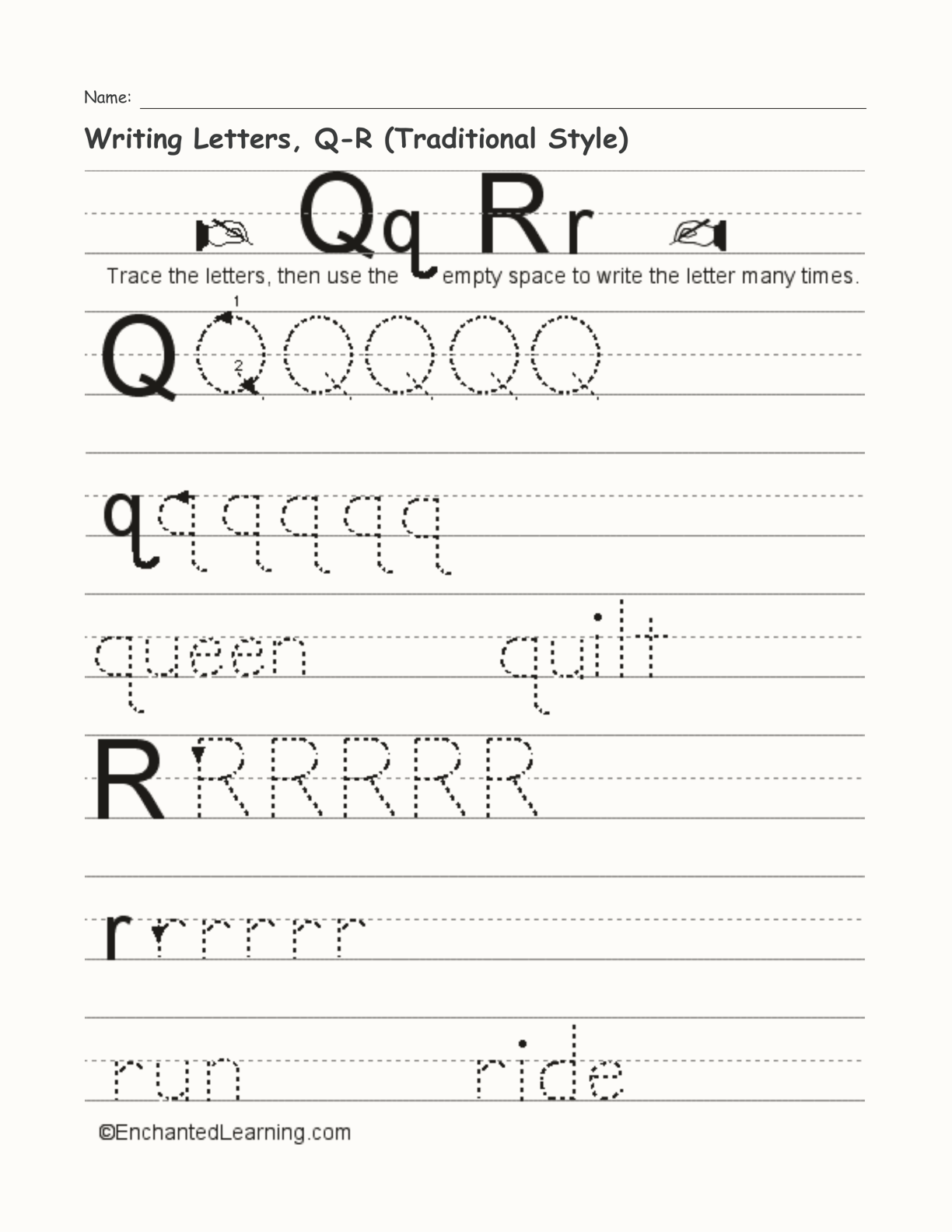 Writing Letters, Q-R (Traditional Style) interactive worksheet page 1