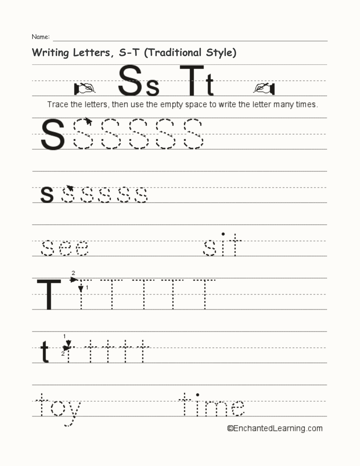 Writing Letters, S-T (Traditional Style) interactive worksheet page 1