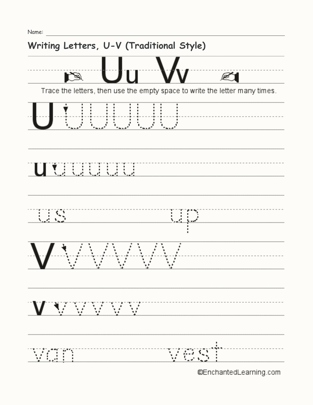 Writing Letters, U-V (Traditional Style) interactive worksheet page 1