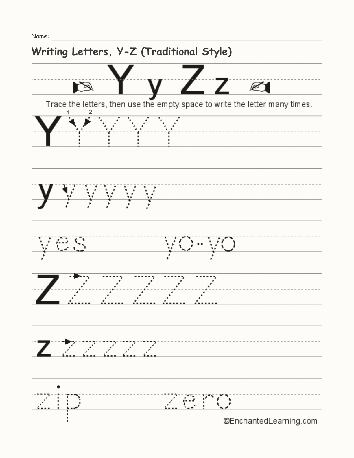 Writing Letters, Y-Z (Traditional Style) interactive worksheet page 1