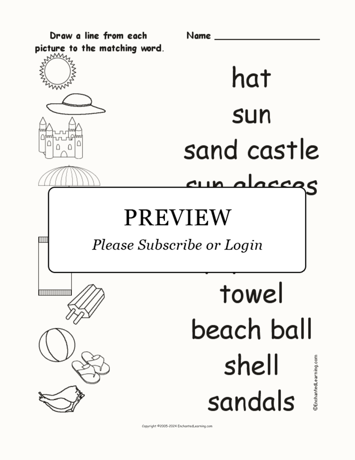 Matching Beach Words to Pictures interactive worksheet page 1