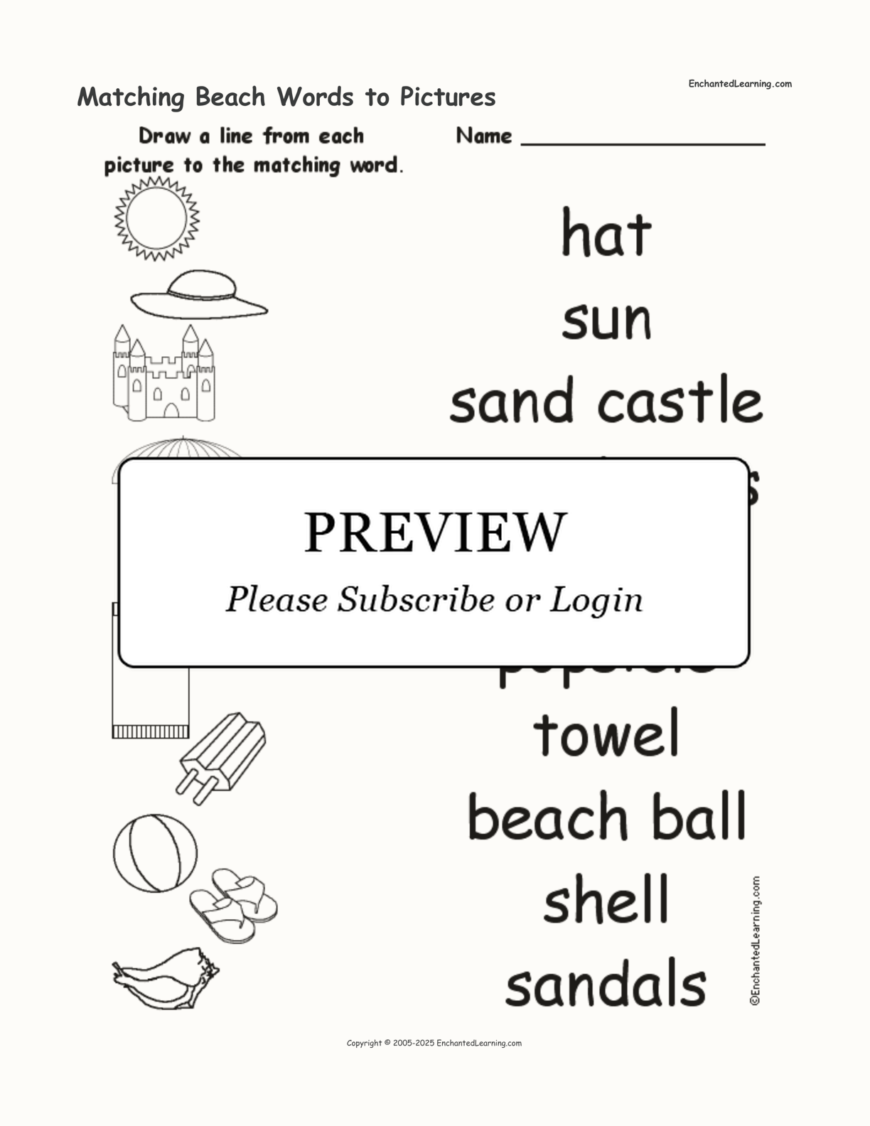 Matching Beach Words to Pictures interactive worksheet page 1