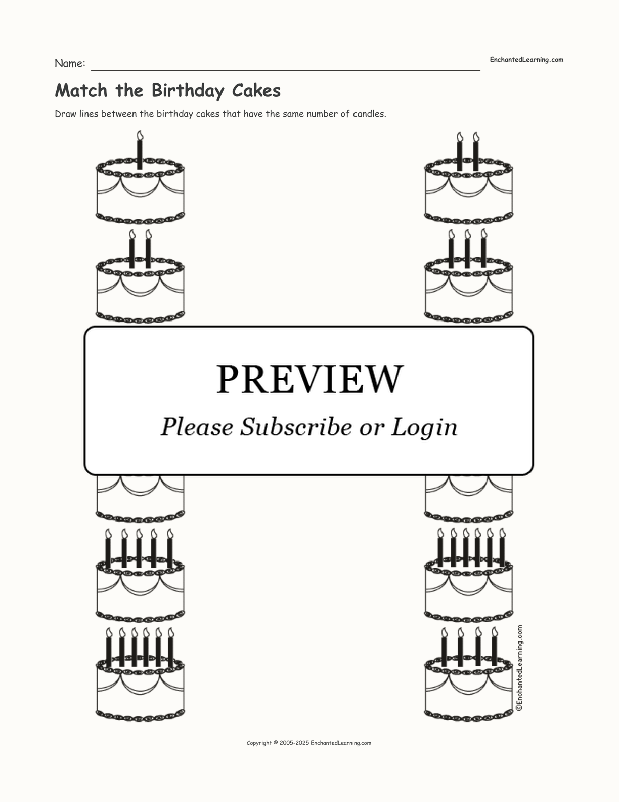 Match the Birthday Cakes interactive worksheet page 1