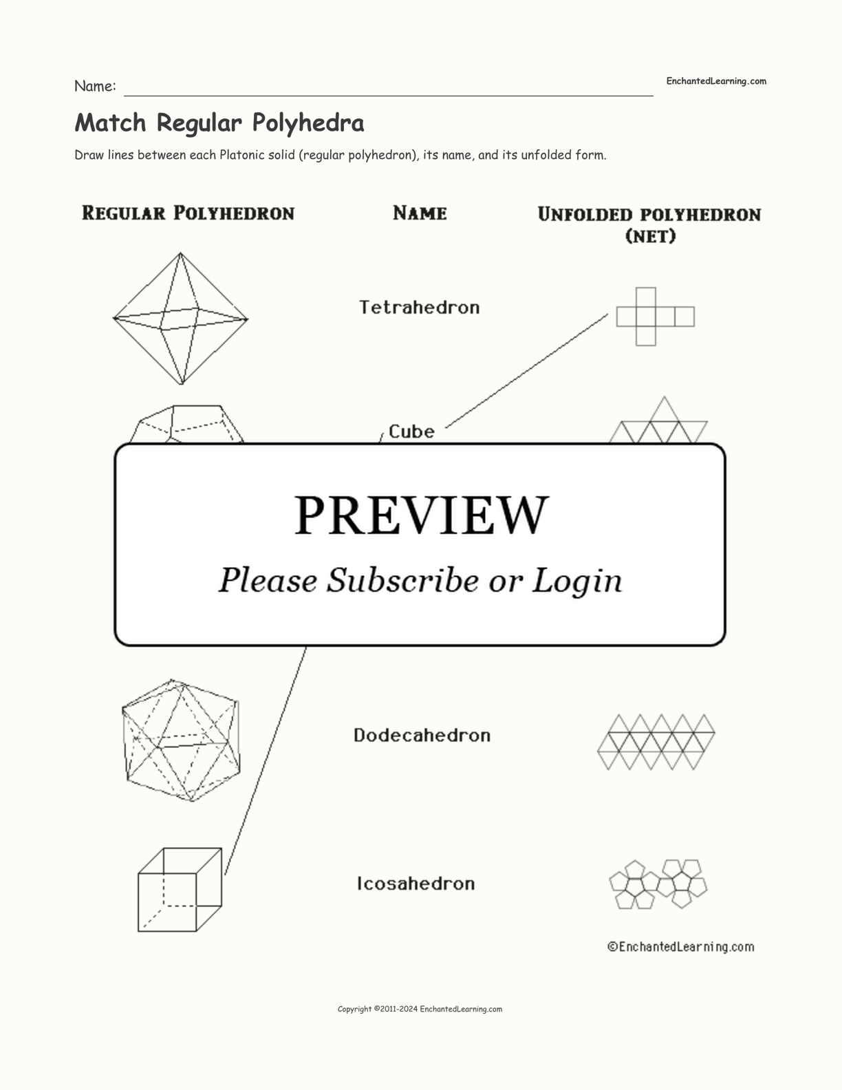 Match Regular Polyhedra interactive worksheet page 1