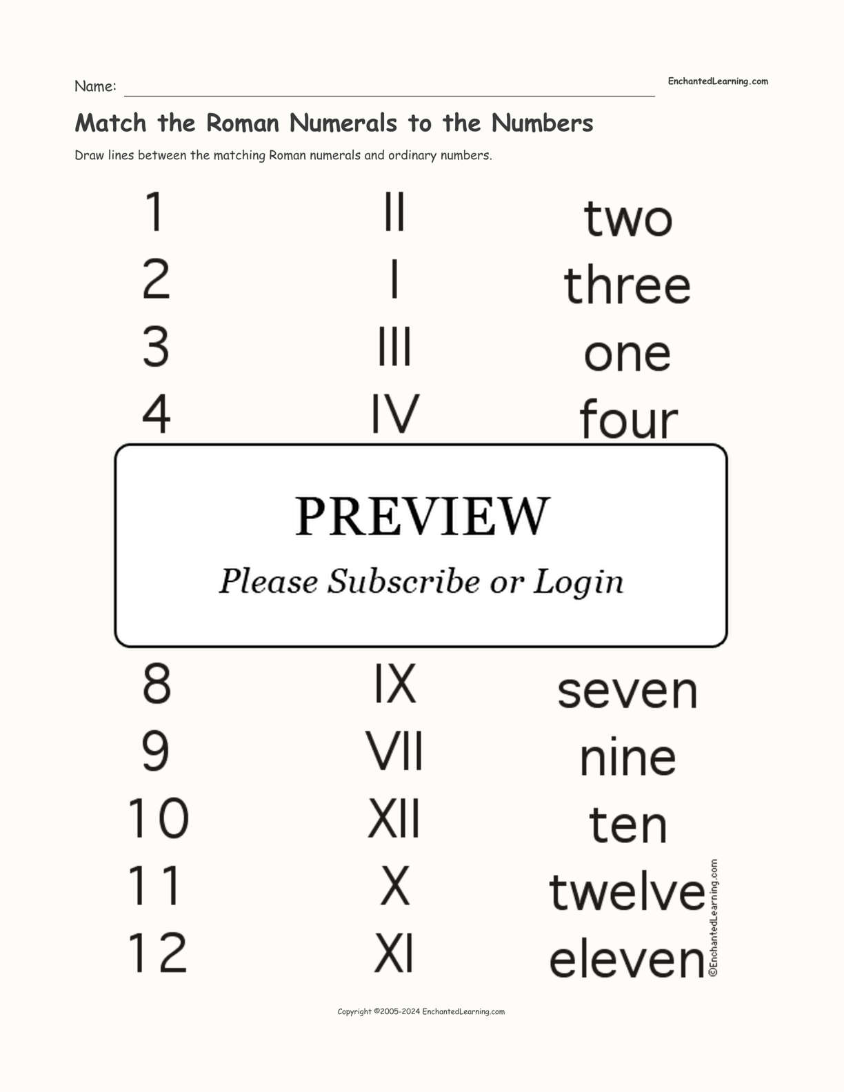 Match the Roman Numerals to the Numbers interactive worksheet page 1