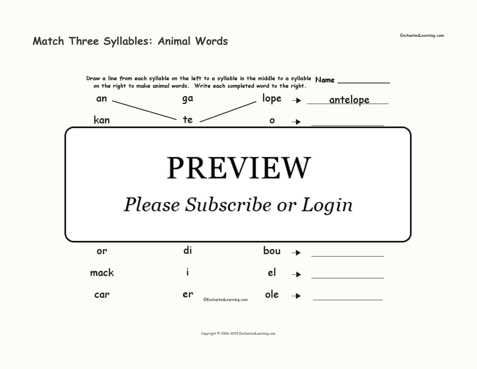 Match Three Syllables: Animal Words interactive worksheet page 1