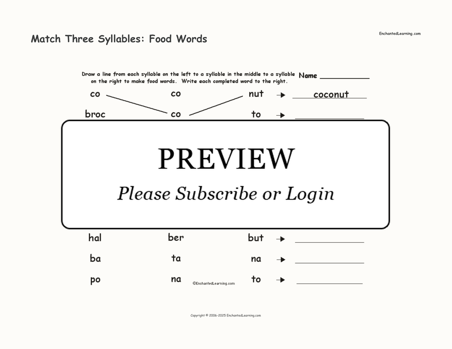 Match Three Syllables: Food Words interactive worksheet page 1