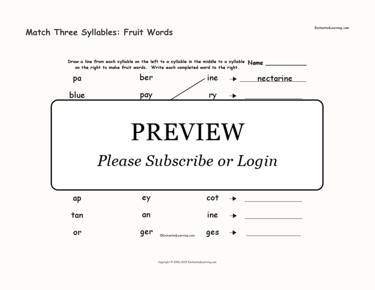 Match Three Syllables: Fruit Words interactive worksheet page 1