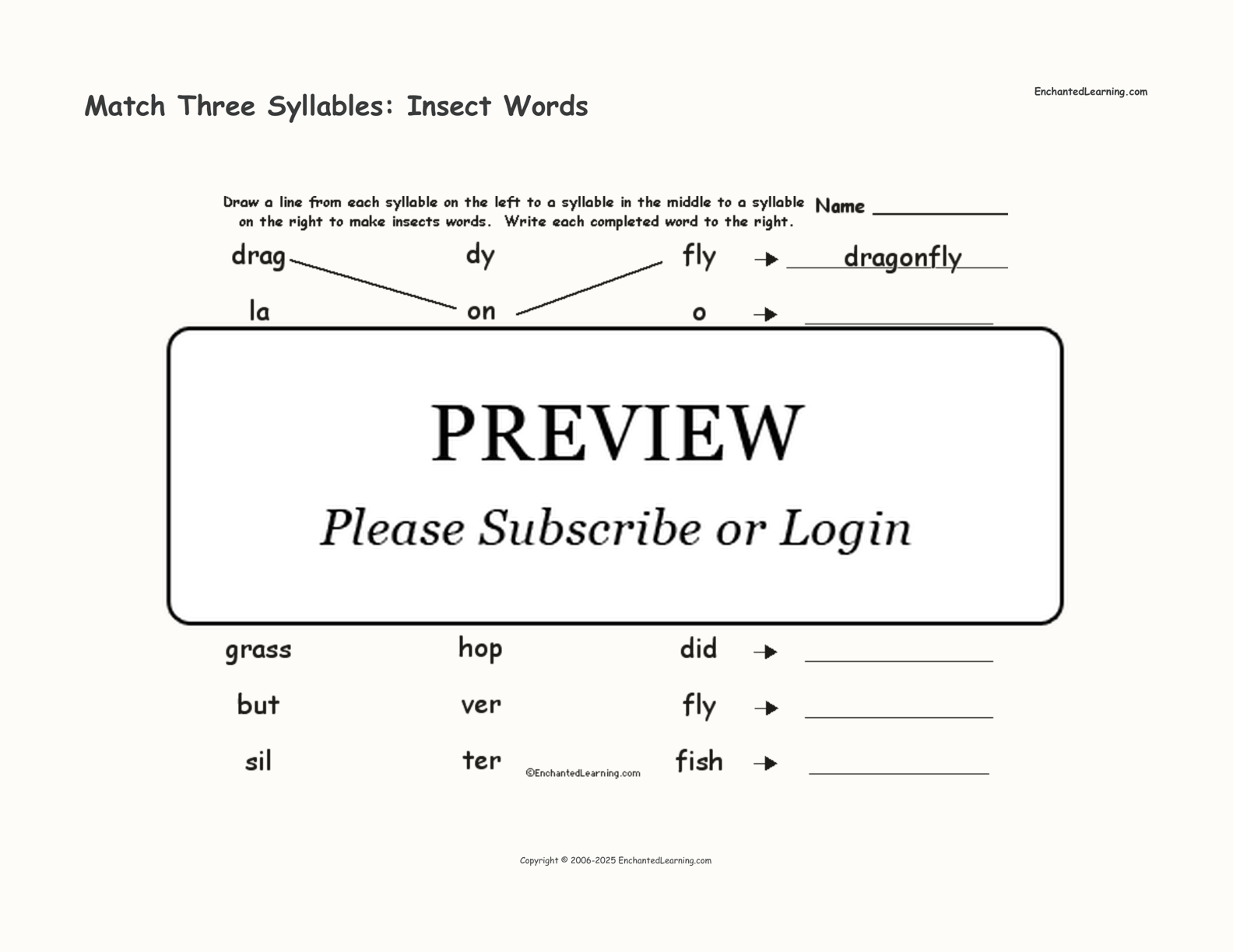 Match Three Syllables: Insect Words interactive worksheet page 1