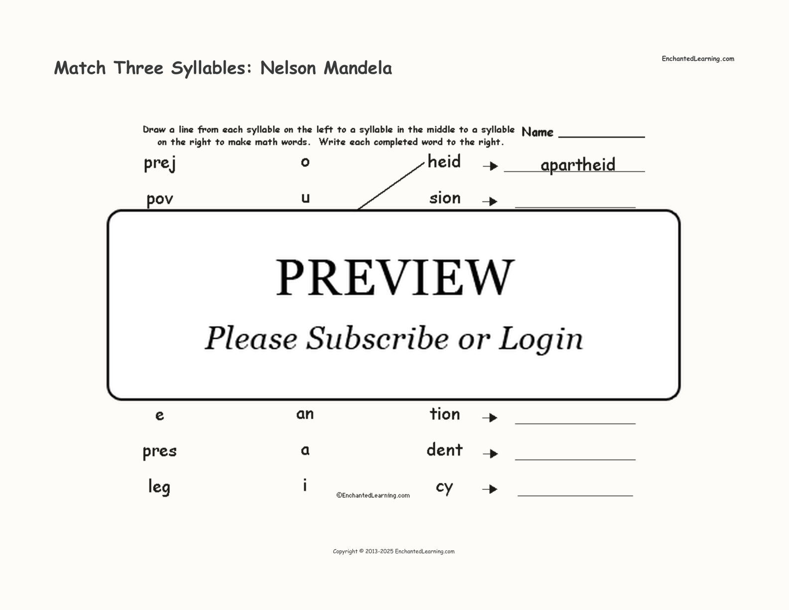 Match Three Syllables: Nelson Mandela interactive worksheet page 1