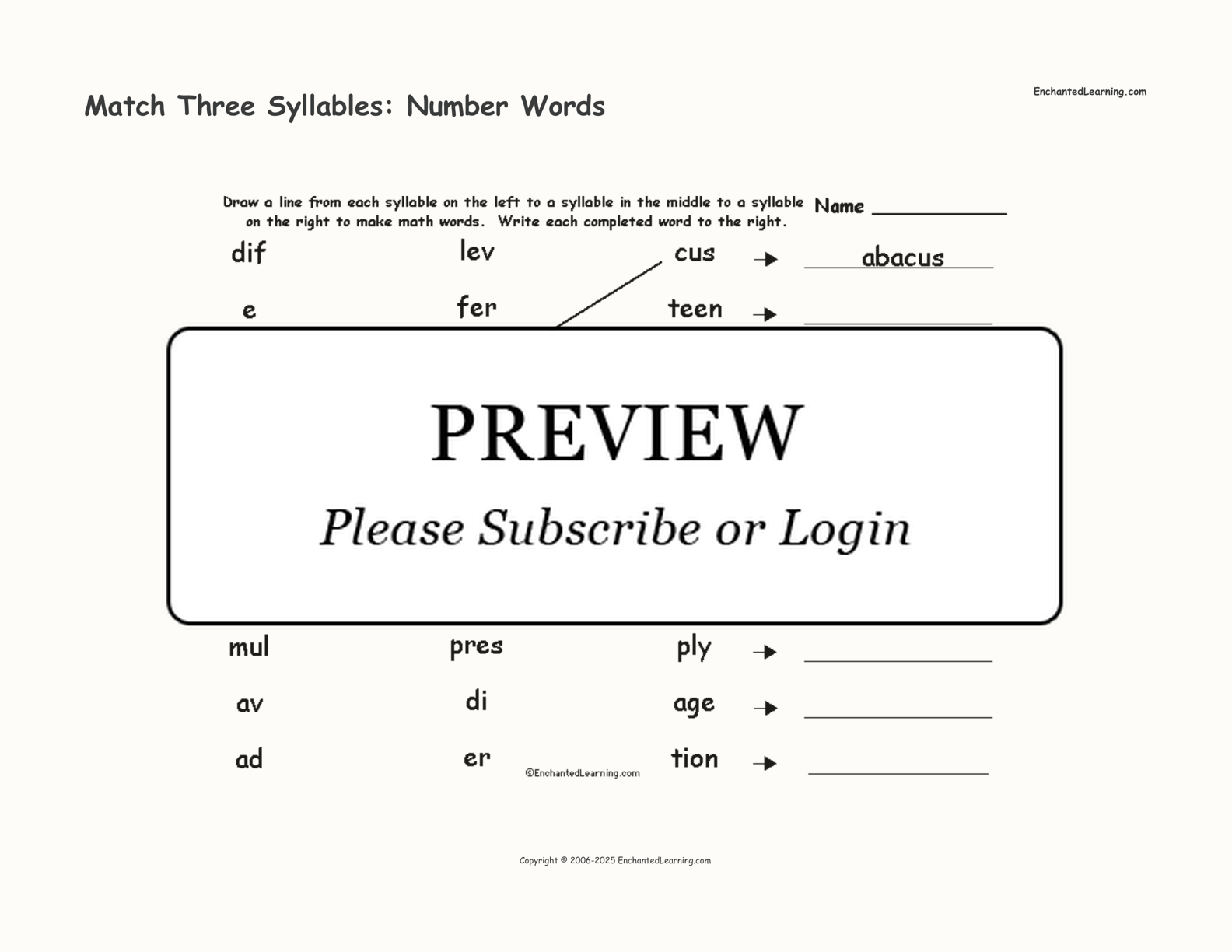 Match Three Syllables: Number Words interactive worksheet page 1