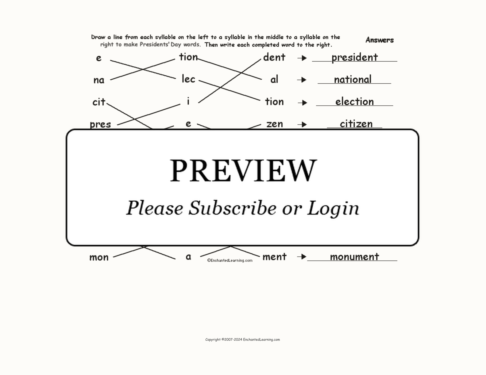 Match Three Syllables: Presidents' Day Words interactive worksheet page 2