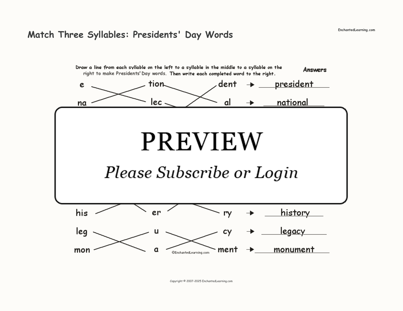 Match Three Syllables: Presidents' Day Words interactive worksheet page 2