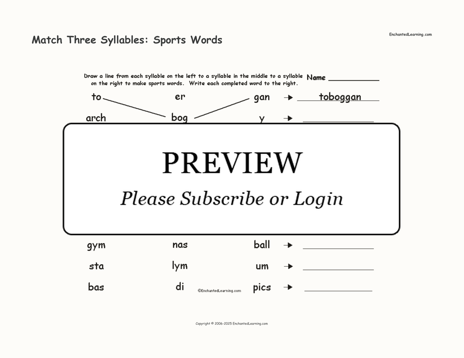 Match Three Syllables: Sports Words interactive worksheet page 1