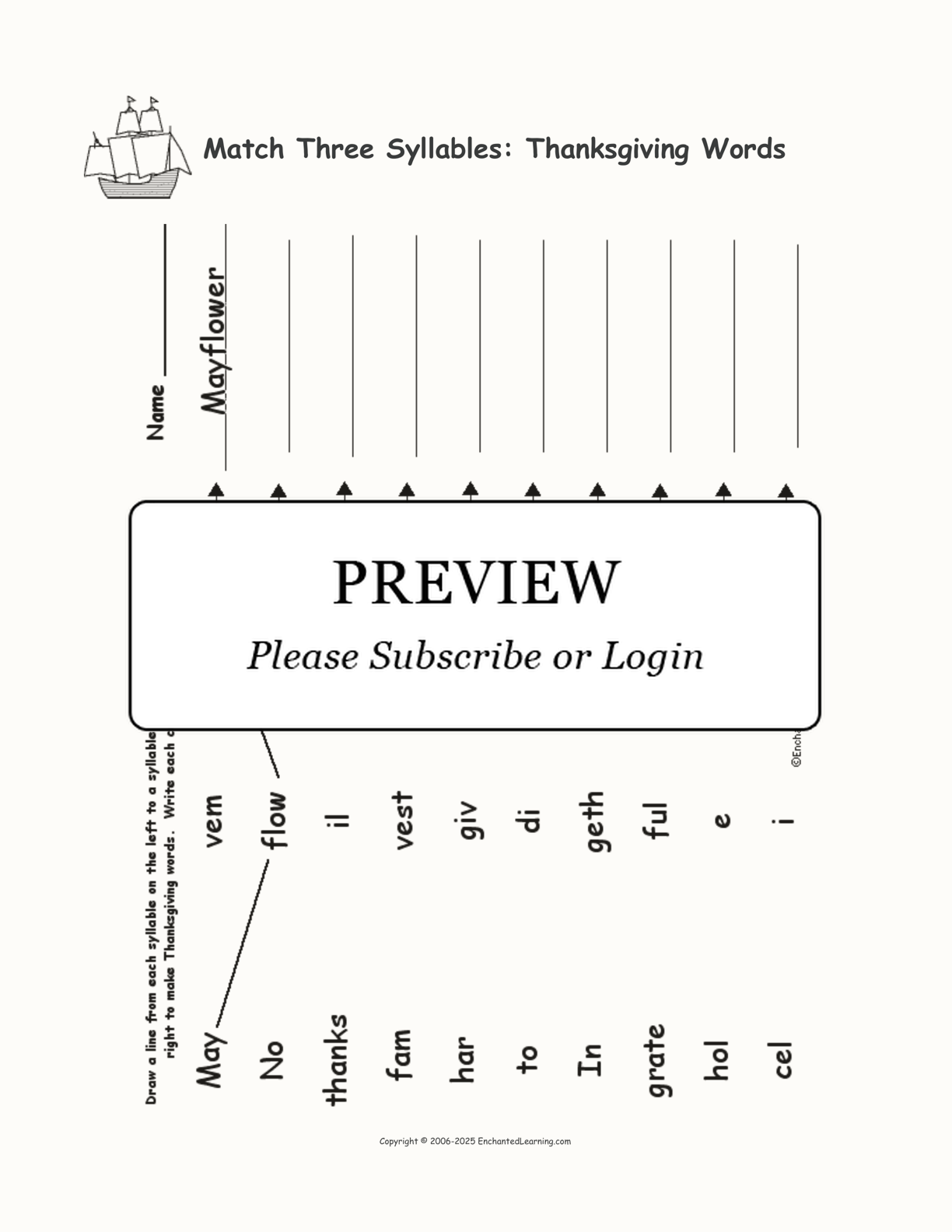 Match Three Syllables: Thanksgiving Words interactive worksheet page 1