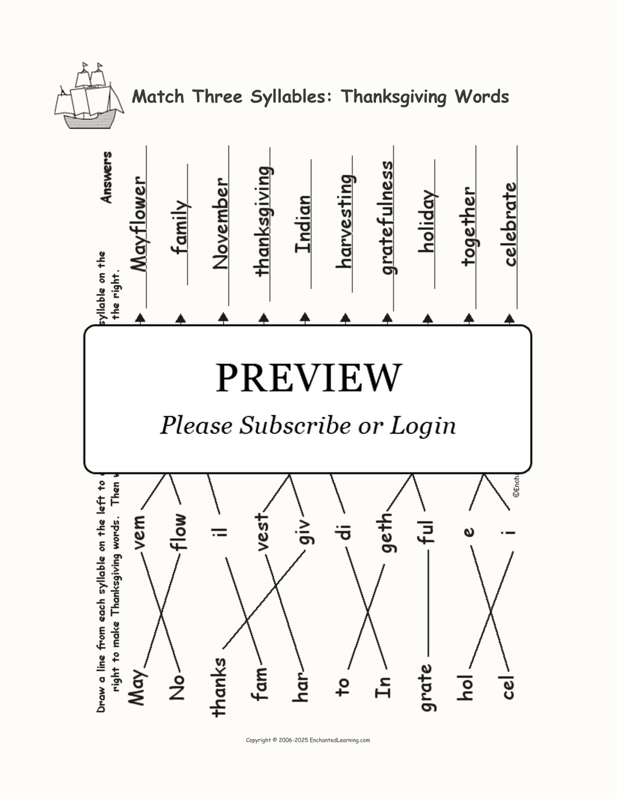 Match Three Syllables: Thanksgiving Words interactive worksheet page 2