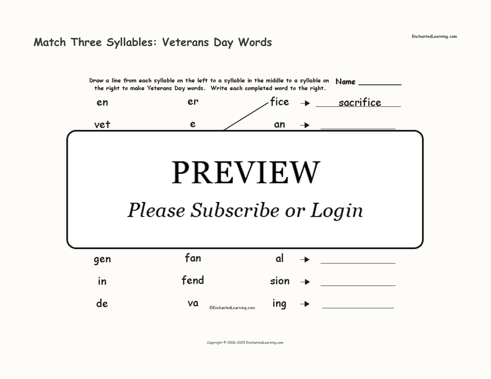 Match Three Syllables: Veterans Day Words interactive worksheet page 1