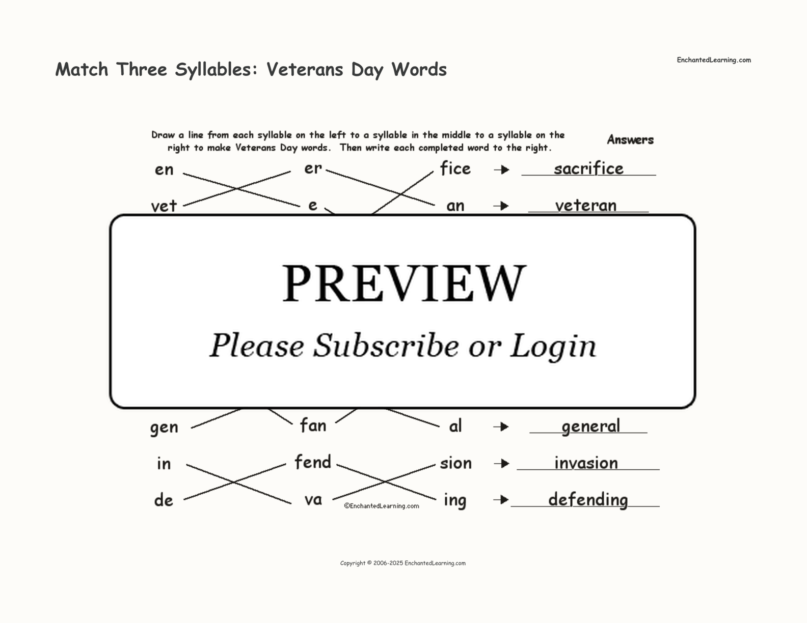 Match Three Syllables: Veterans Day Words interactive worksheet page 2