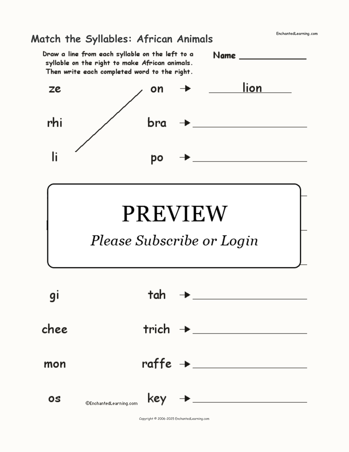 Match the Syllables: African Animals interactive worksheet page 1