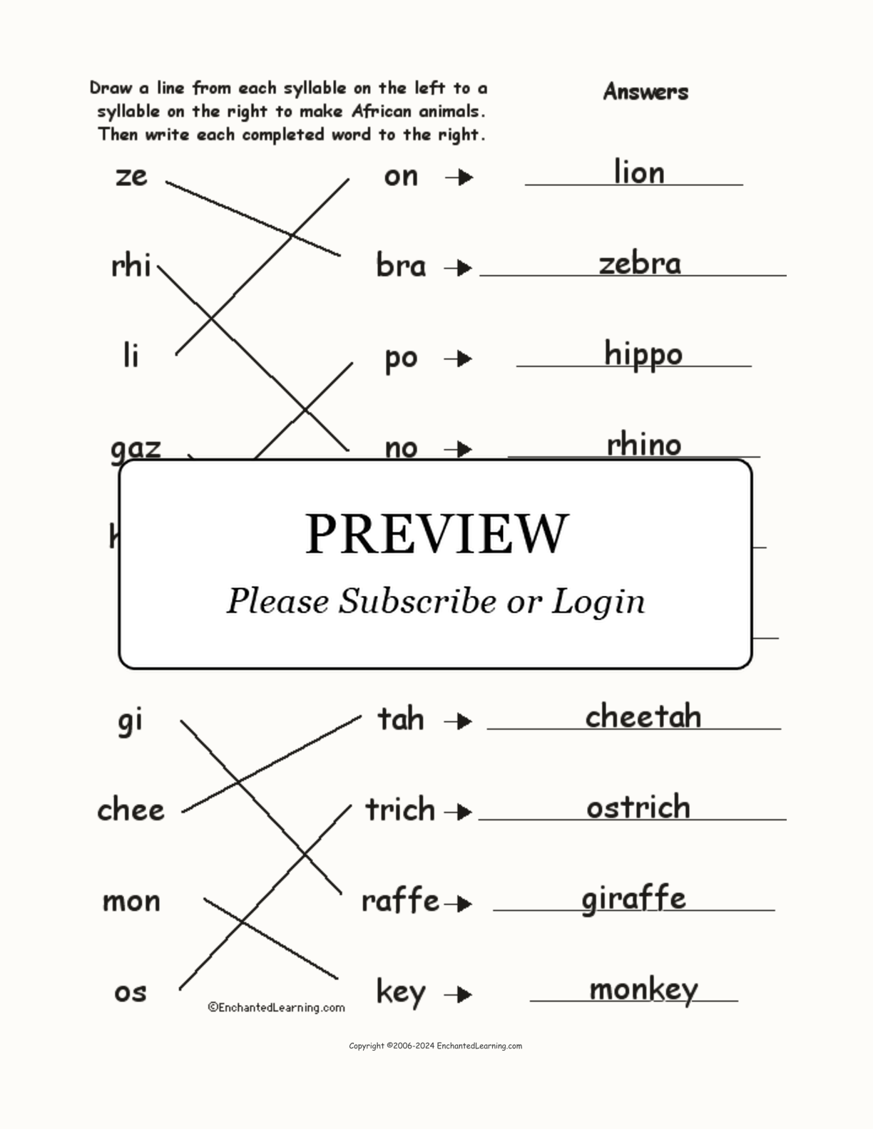 Match the Syllables: African Animals interactive worksheet page 2