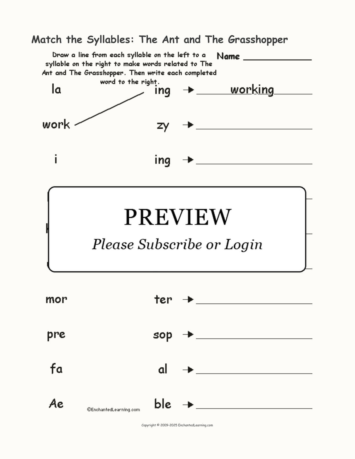 Match the Syllables: The Ant and The Grasshopper interactive worksheet page 1