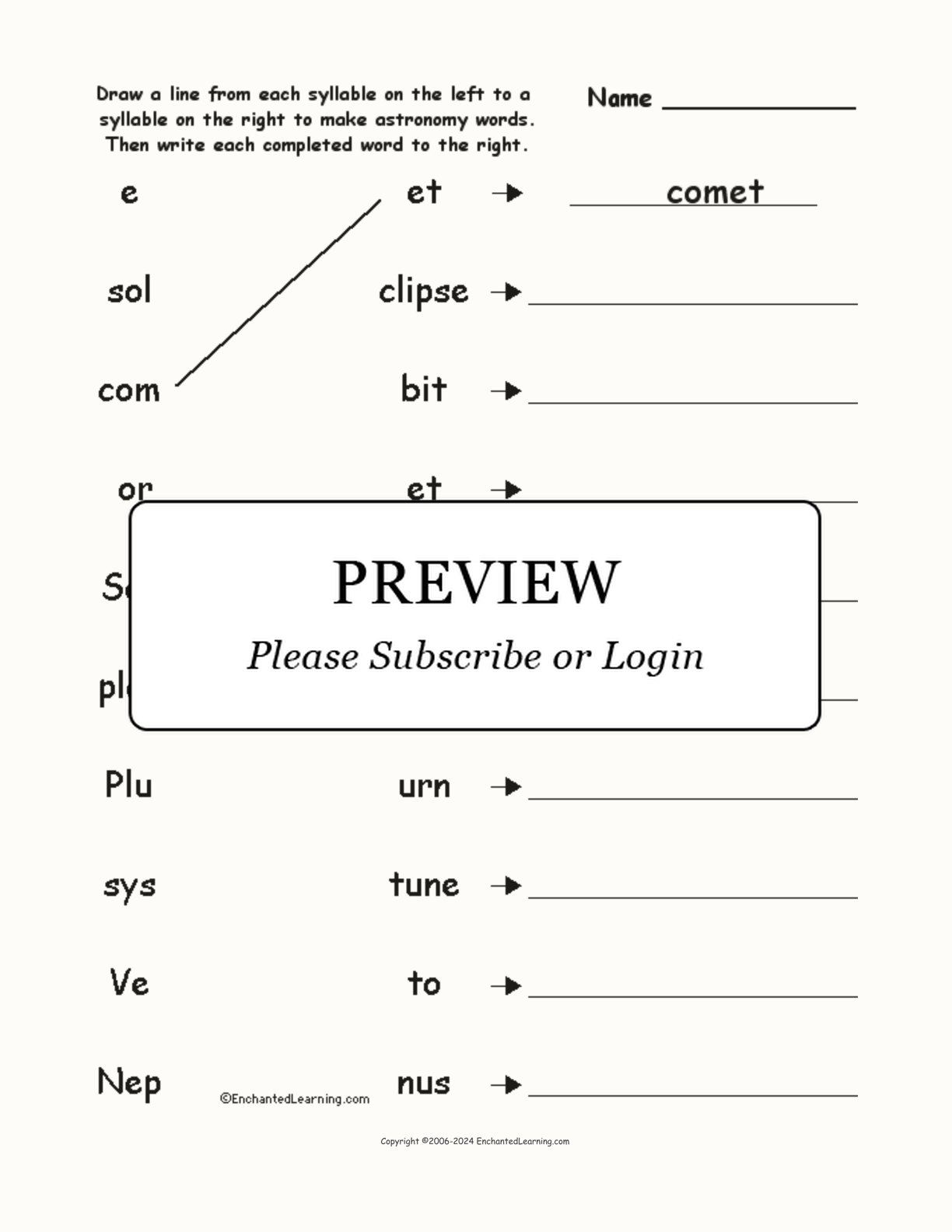 Match the Syllables: Astronomy interactive worksheet page 1