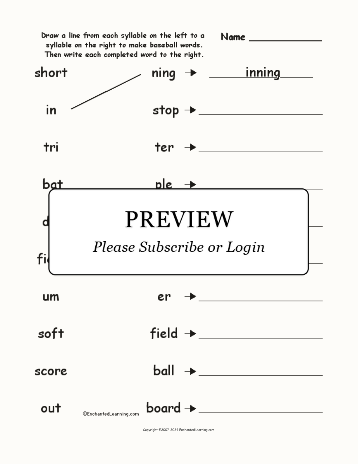 Match the Syllables: Baseball interactive worksheet page 1