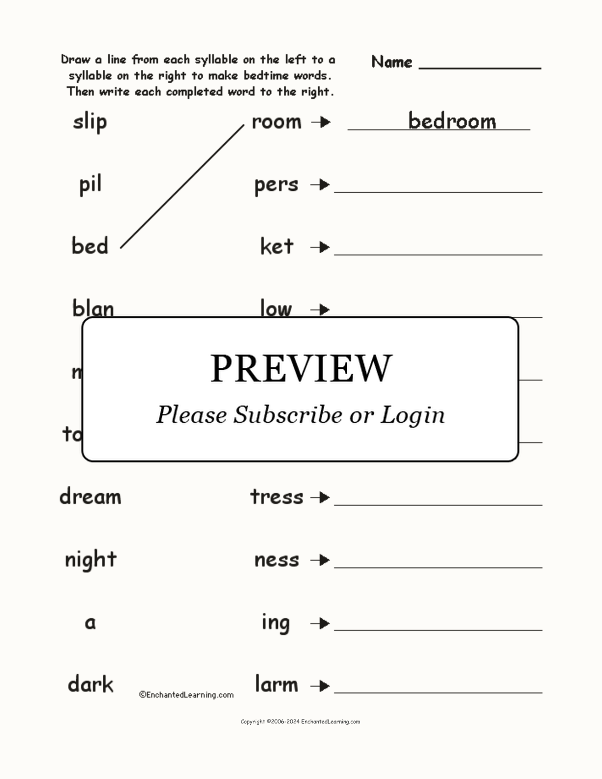 Match the Syllables: Bedtime Words interactive worksheet page 1
