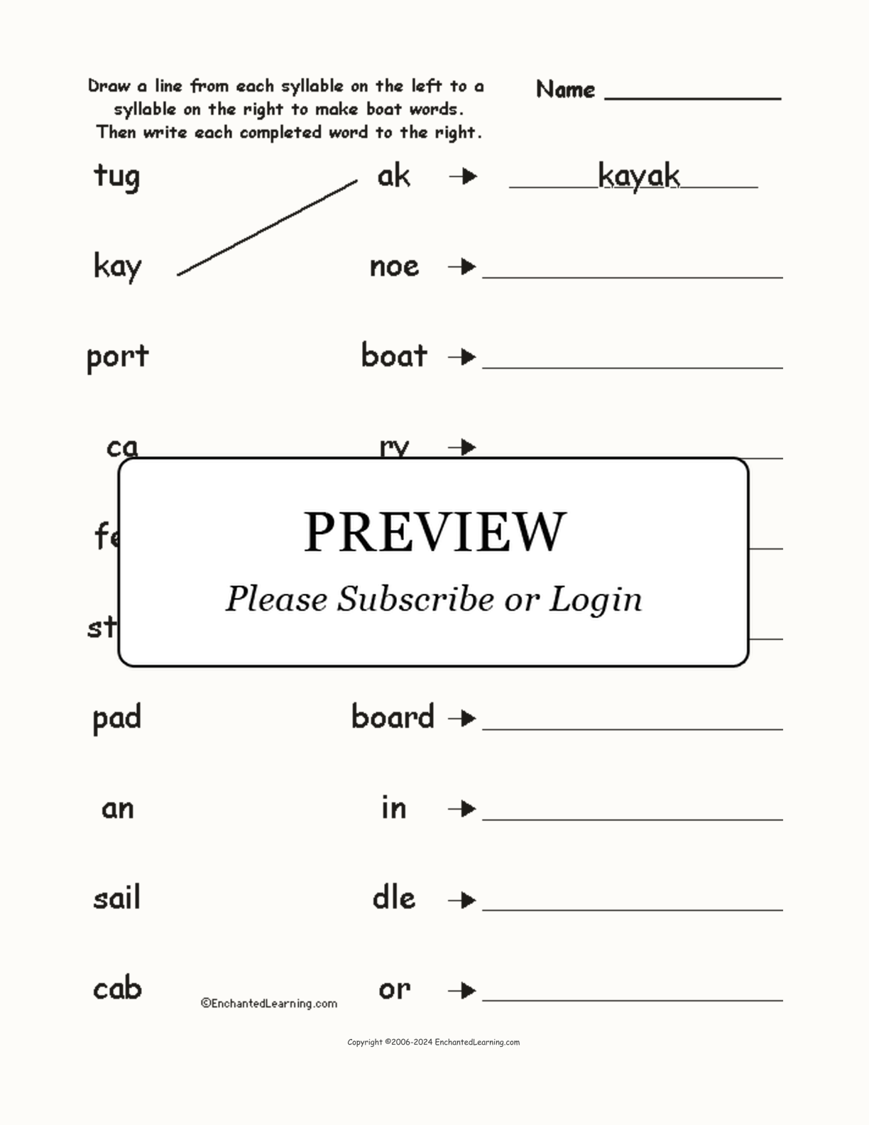 Match the Syllables: Boat Words interactive worksheet page 1