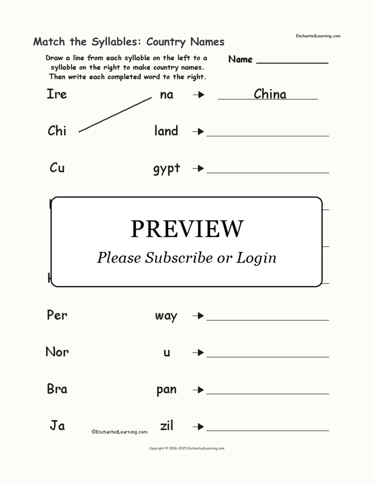 Match the Syllables: Country Names interactive worksheet page 1