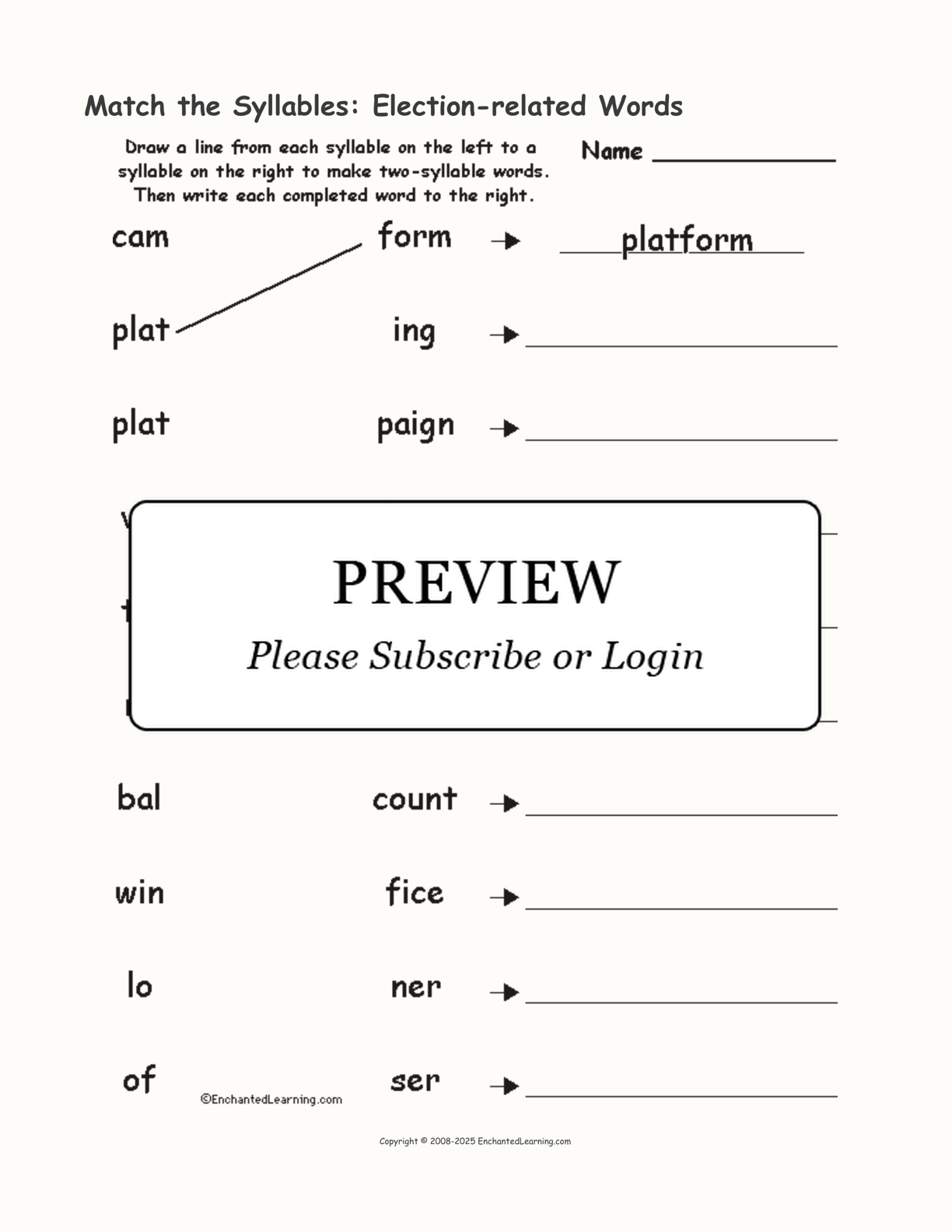 Match the Syllables: Election-related Words interactive worksheet page 1