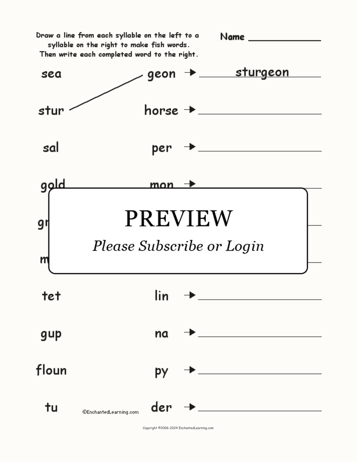 Match the Syllables: Fish Words interactive worksheet page 1