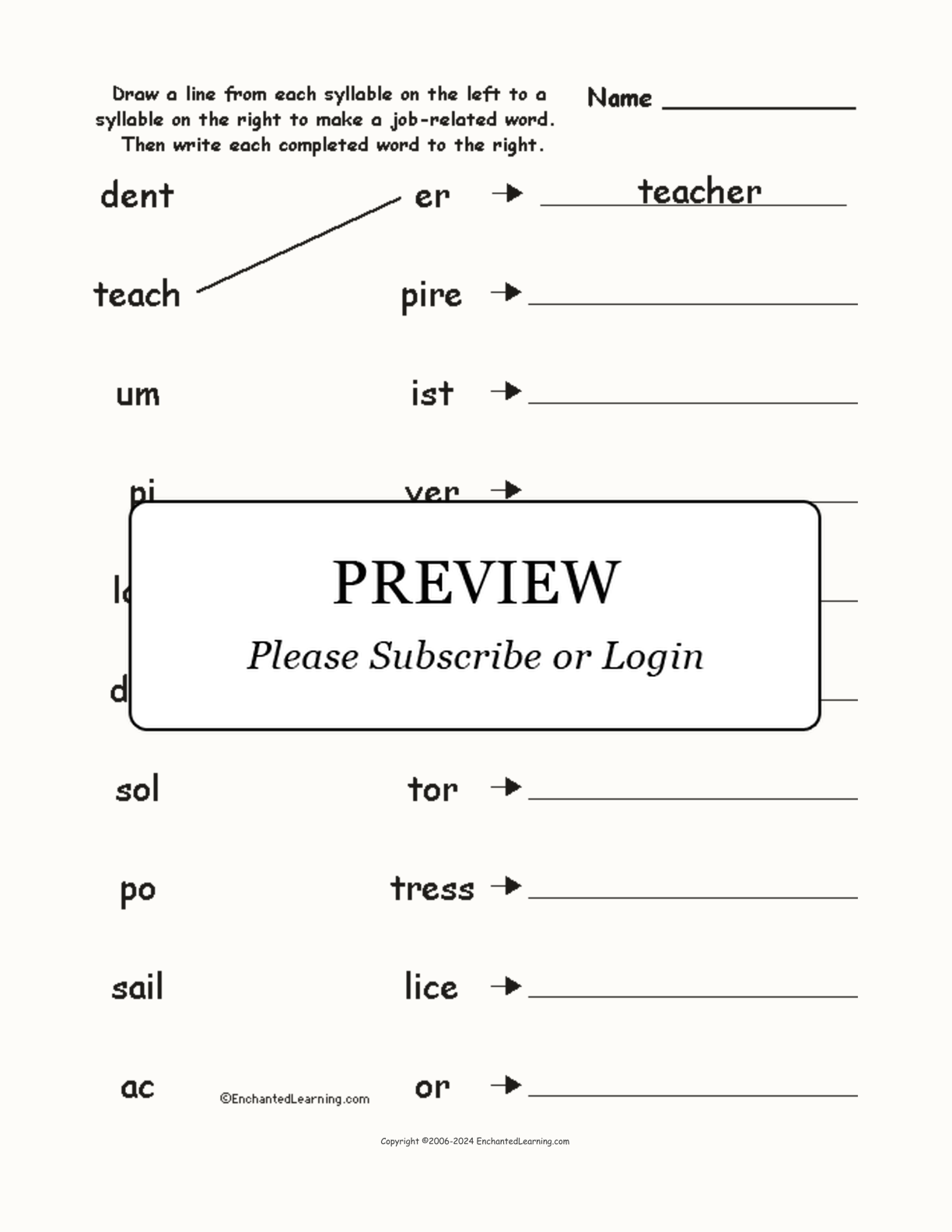 Match the Syllables: Job Words interactive worksheet page 1
