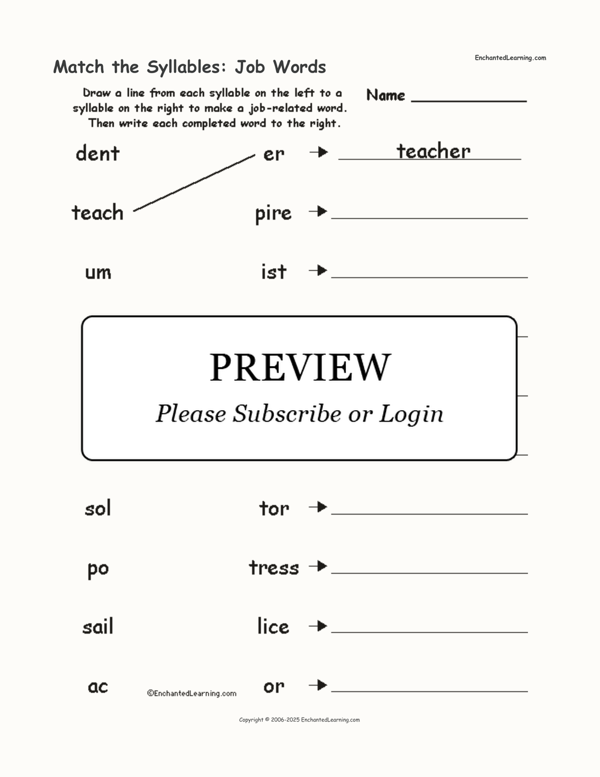 Match the Syllables: Job Words interactive worksheet page 1