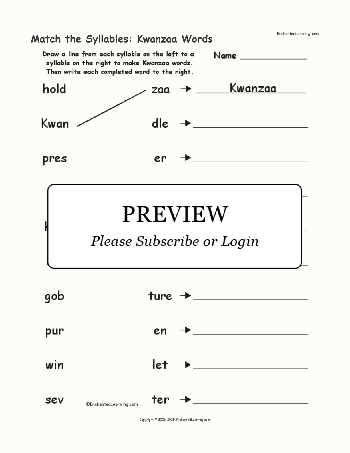 Match the Syllables: Kwanzaa Words interactive worksheet page 1