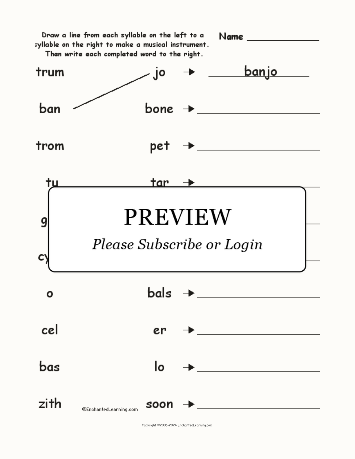 Match the Syllables: Musical Instruments interactive worksheet page 1