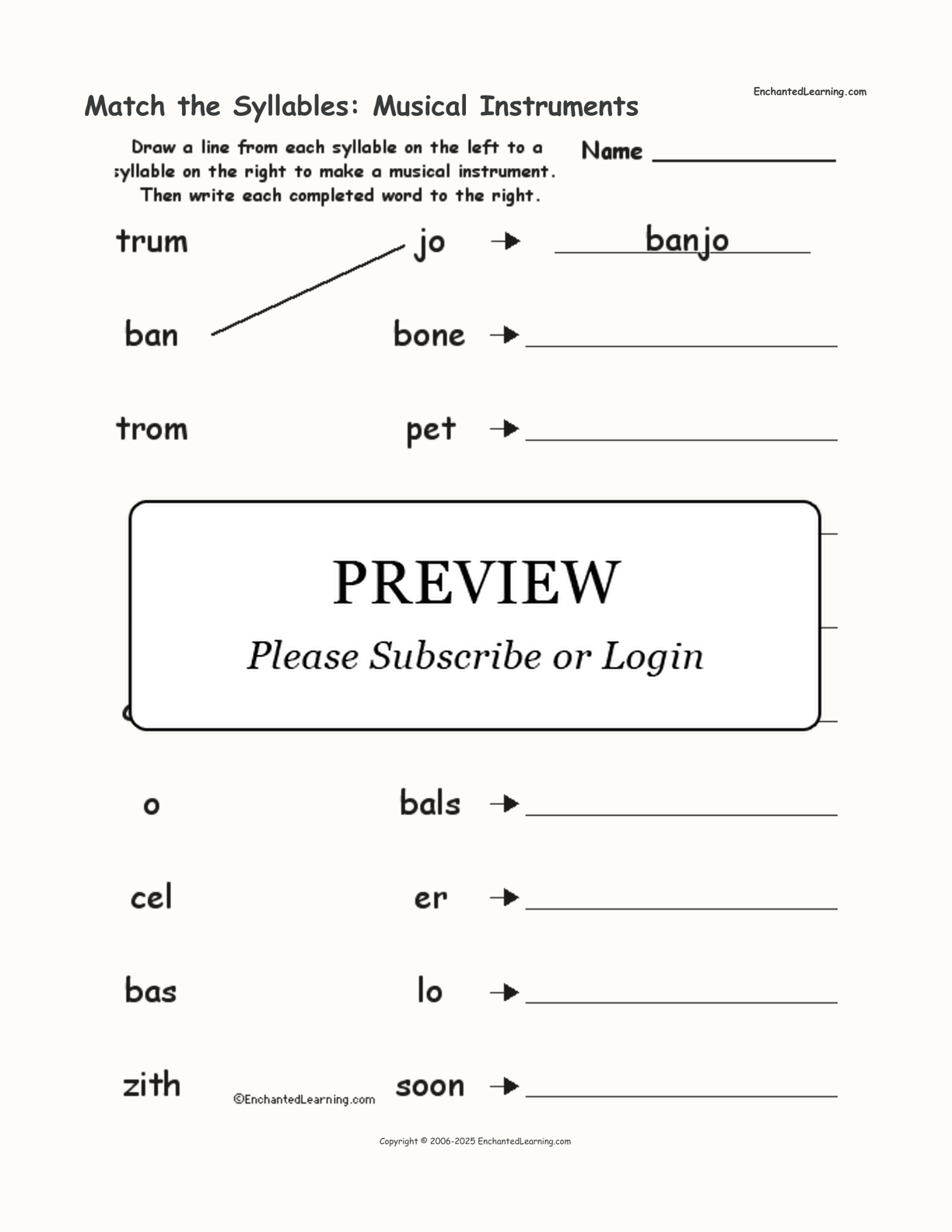 Match the Syllables: Musical Instruments interactive worksheet page 1