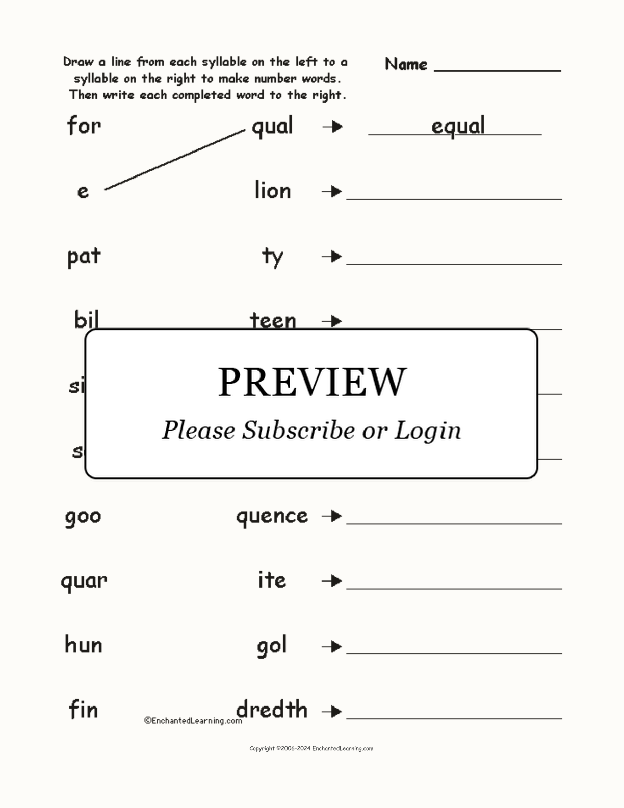 Match the Syllables: Number Words #2 interactive worksheet page 1
