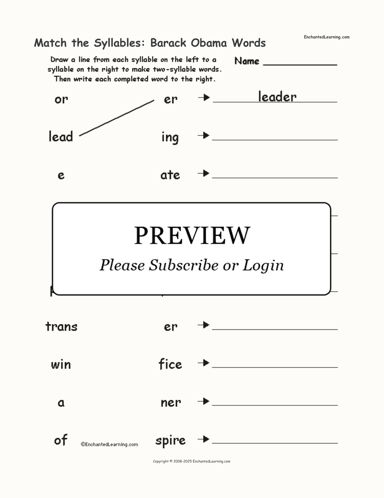 Match the Syllables: Barack Obama Words interactive worksheet page 1