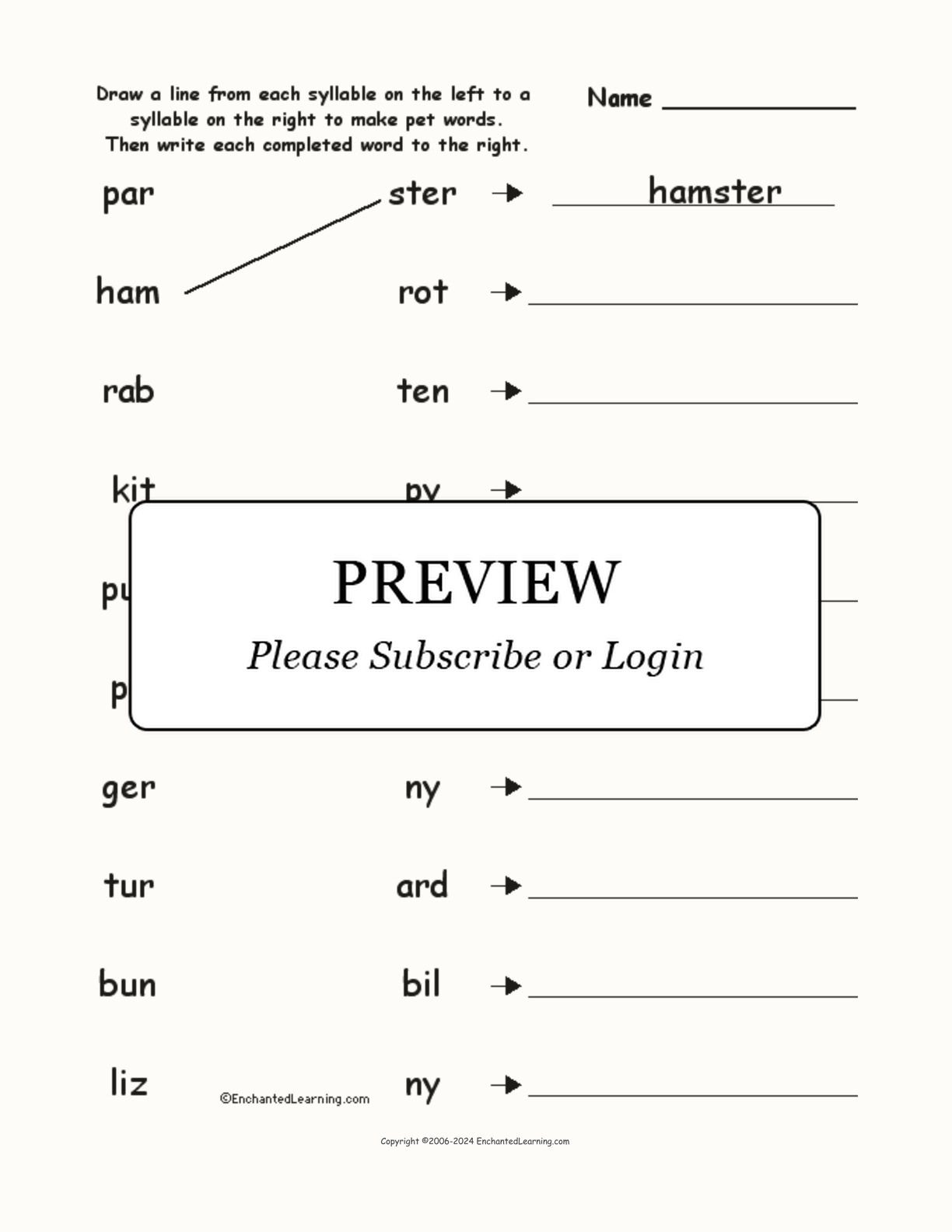 Match the Syllables: Pet Words interactive worksheet page 1